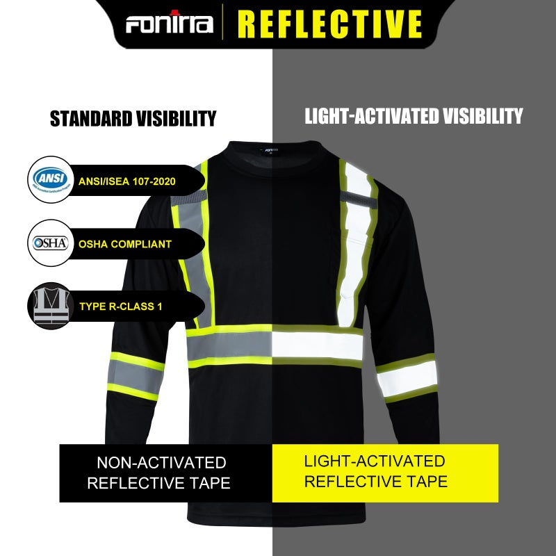 FONIRRA Long Sleeve Safety T Shirt Reflective High Visibility Construction Work Shirts ANSI Class 3 for Men(Black,3XL) - Image 5